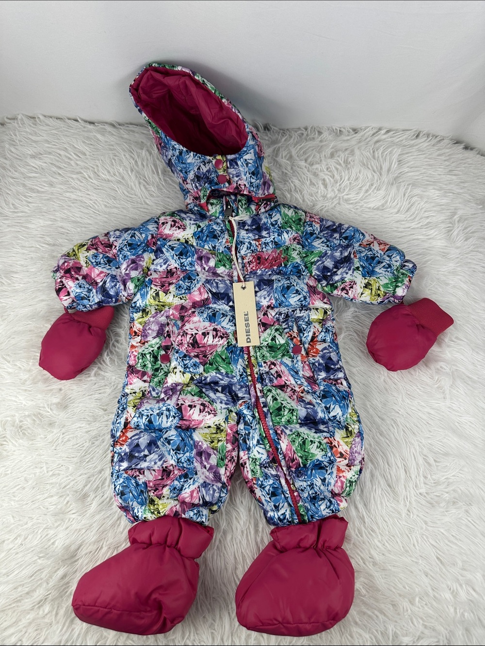 Diesel Geometric Diamond Baby Girls 3-6 Months Snow Suit w Mittens & Booties NWT